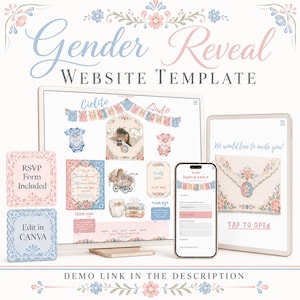 May include: A gender reveal website template displayed on a computer monitor, tablet, and smartphone. The design features floral motifs in blue and pink, including baby clothes, a carriage, and an envelope. Text includes Gender Reveal, RSVP, and Edit in CANVA.