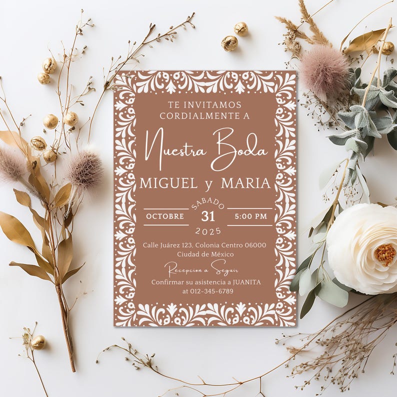 Invitaciones De Boda, Cielito Lindo Nuestra Boda Invitation

Editable Spanish wedding invitation template, Cielito Lindo Nuestra Boda design with brown neutral papel picado and Talavera theme, digital download.

Printable Mexican wedding invite in Spanish, Nuestra Boda design with rustic brown papel picado and neutral Talavera style, editable template.

Cielito Lindo wedding invitation, Spanish Mexican digital template with brown and neutral papel picado and Talavera tile patterns, customizable.