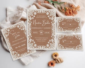 May include: A set of wedding stationery with a brown background and white lace-like borders. The set includes a "Save the Date" card, an invitation, and two RSVP cards. The invitation reads "Nuestra Boda" and includes the date and location.