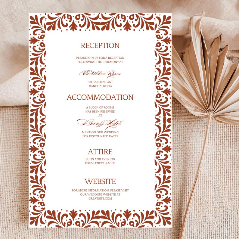 Invitaciones De Boda Papel Picado Mexican Wedding Invitation Suite: RSVP and Wedding Details Card Editable Canva Template (Digital Download).

Invitaciones de boda papel picado Mexican wedding invitation suite in brown and white, featuring intricate papel picado banner details and elegant typography. Includes editable Canva template for main invitation, RSVP card, and wedding details card. Printable digital download with traditional Mexican fiesta-inspired design, perfect for a rustic wedding.