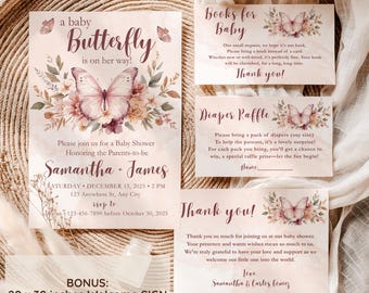 May include: Baby shower stationery set with a butterfly theme. The invitation features a butterfly illustration with floral accents and the text "a baby Butterfly is on her way!". Includes a welcome sign, diaper raffle, and thank you cards.