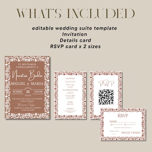 May include: A wedding suite template with invitation, details, and RSVP cards. The invitation features text in Spanish, with the names Miguel and Maria, and the date October 31, 2025. The RSVP card includes a QR code.