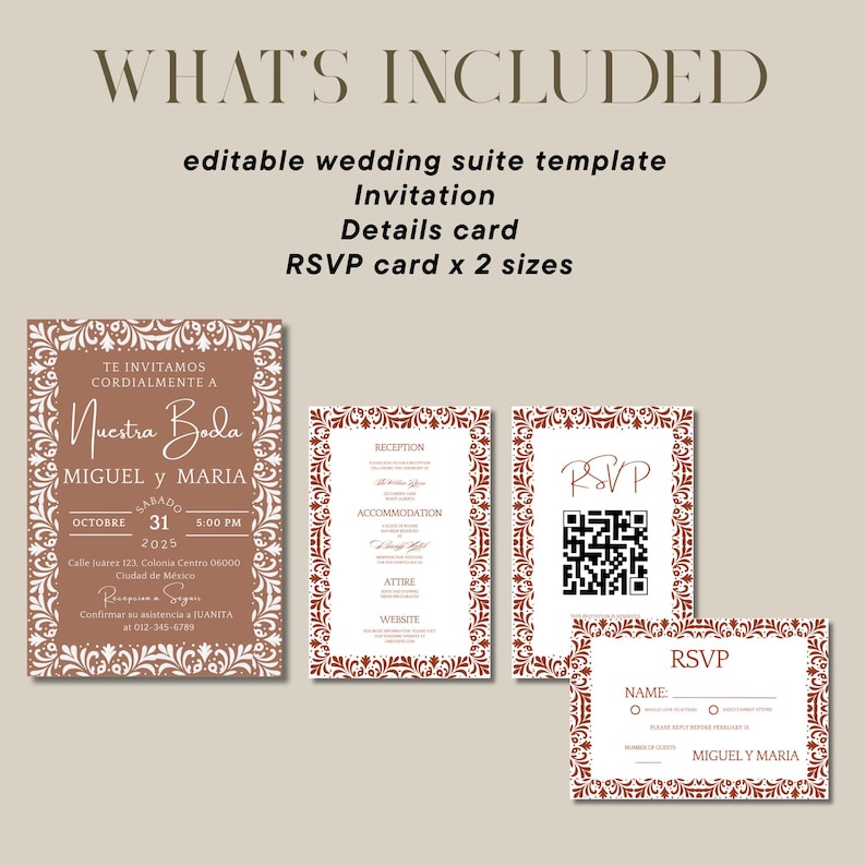 May include: A wedding suite template with invitation, details, and RSVP cards. The invitation features text in Spanish, with the names Miguel and Maria, and the date October 31, 2025. The RSVP card includes a QR code.