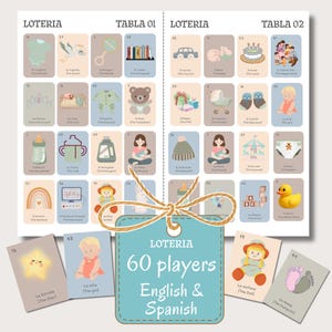 May include: A baby-themed Loteria game with cards featuring illustrations of baby items and characters. The game includes cards with English and Spanish text, and is designed for 60 players. The game includes a tag with the text "LOTERIA 60 players English & Spanish".