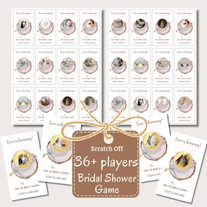 May include: A collection of scratch-off game cards for a bridal shower. Each card features a coffee cup design with a different wedding-themed image. The cards are arranged with a brown tag that reads "Scratch Off 36+ players Bridal Shower Game."