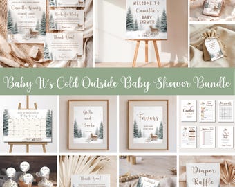 May include: A collection of baby shower stationery with a winter theme. Includes invitations, signs, cupcake toppers, and thank you cards. The text "Baby It's Cold Outside" is featured on several items, along with illustrations of trees and a deer.