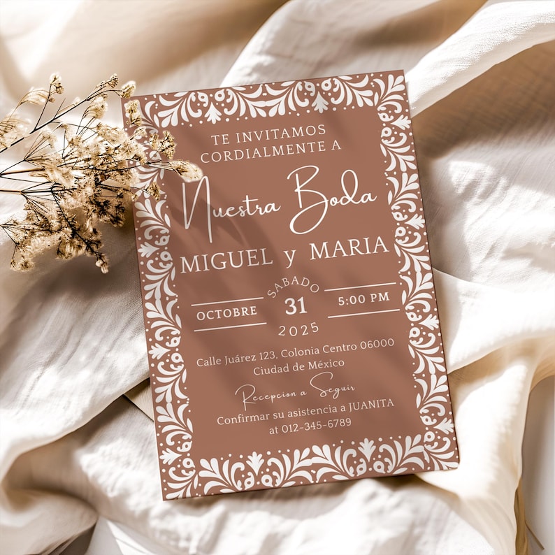 Editable Spanish wedding invitation template, Cielito Lindo Nuestra Boda design with brown neutral papel picado and Talavera theme, digital download.

Printable Mexican wedding invite in Spanish, Nuestra Boda design with rustic brown papel picado and neutral Talavera style, editable template.

Cielito Lindo wedding invitation, Spanish Mexican digital template with brown and neutral papel picado and Talavera tile patterns, customizable.

Invitaciones De Boda, Cielito Lindo Nuestra Boda Invitation