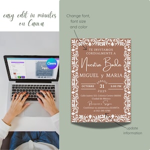 May include: A laptop displaying a Canva interface with a wedding invitation template. The invitation is brown with white floral borders and text in Spanish. The text includes "Nuestra Boda" and the names Miguel and Maria.
