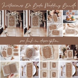 May include: A wedding stationery bundle featuring brown cards with white intricate lace-style borders. The collection includes welcome signs, seating charts, menus, place cards, thank you tags, and cupcake toppers, all displaying matching elegant typography.