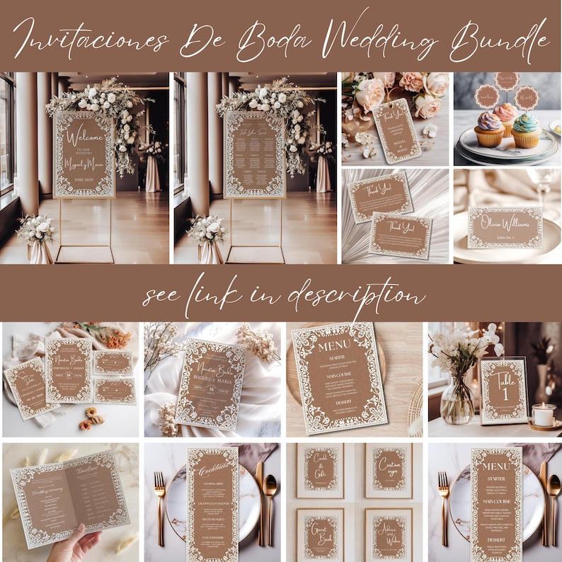 May include: A wedding stationery bundle featuring brown cards with white intricate lace-style borders. The collection includes welcome signs, seating charts, menus, place cards, thank you tags, and cupcake toppers, all displaying matching elegant typography.