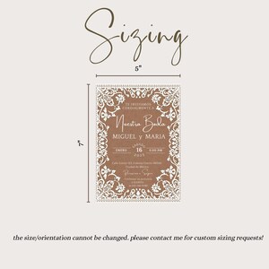 May include: A rectangular wedding invitation card measuring 5 inches by 7 inches. The card features a terracotta brown background with a white intricate lace-style border. The text reads: TE INVITAMOS CORDIALMENTE A Nuestra Boda MIGUEL y MARIA.