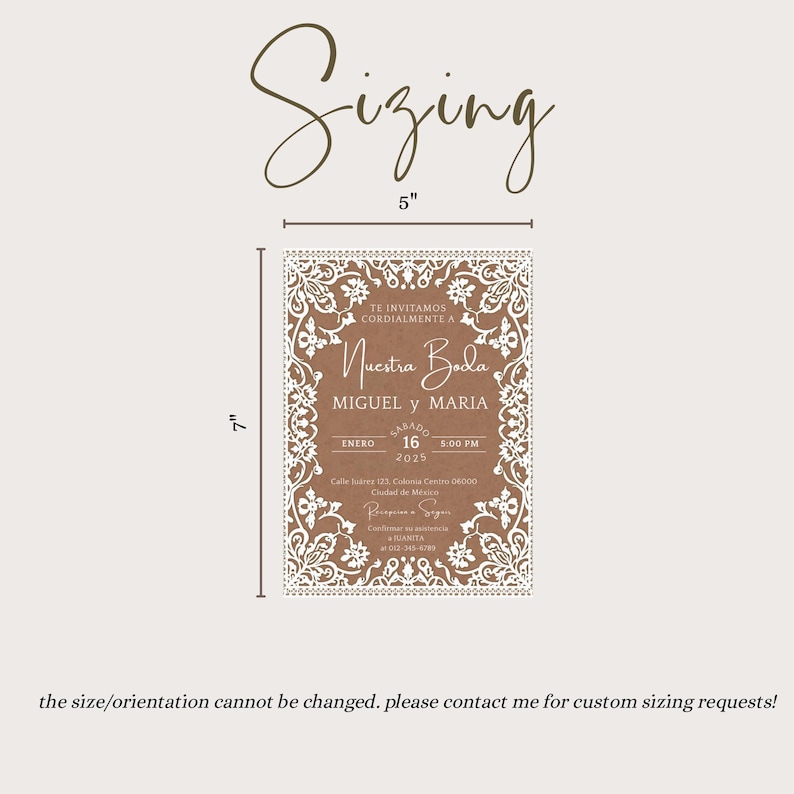 May include: A rectangular wedding invitation card measuring 5 inches by 7 inches. The card features a terracotta brown background with a white intricate lace-style border. The text reads: TE INVITAMOS CORDIALMENTE A Nuestra Boda MIGUEL y MARIA.