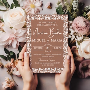 Editable Spanish wedding invitation template, Cielito Lindo Nuestra Boda design with brown neutral papel picado and Talavera theme, digital download.

Printable Mexican wedding invite in Spanish, Nuestra Boda design with rustic brown papel picado and neutral Talavera style, editable template.

Cielito Lindo wedding invitation, Spanish Mexican digital template with brown and neutral papel picado and Talavera tile patterns, customizable.

Invitaciones De Boda, Cielito Lindo Nuestra Boda Invitation