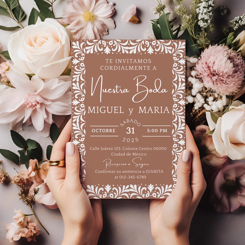 Editable Spanish wedding invitation template, Cielito Lindo Nuestra Boda design with brown neutral papel picado and Talavera theme, digital download.

Printable Mexican wedding invite in Spanish, Nuestra Boda design with rustic brown papel picado and neutral Talavera style, editable template.

Cielito Lindo wedding invitation, Spanish Mexican digital template with brown and neutral papel picado and Talavera tile patterns, customizable.

Invitaciones De Boda, Cielito Lindo Nuestra Boda Invitation