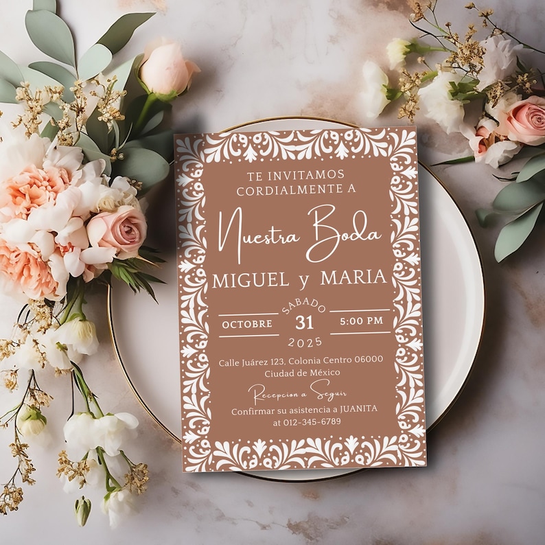 Invitaciones De Boda, Cielito Lindo Nuestra Boda Invitation

Editable Spanish wedding invitation template, Cielito Lindo Nuestra Boda design with brown neutral papel picado and Talavera theme, digital download.

Printable Mexican wedding invite in Spanish, Nuestra Boda design with rustic brown papel picado and neutral Talavera style, editable template.

Cielito Lindo wedding invitation, Spanish Mexican digital template with brown and neutral papel picado and Talavera tile patterns, customizable.