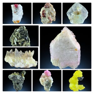 Brucit, Rosenquarz, Fluorit, Calcit, Granat, Rubin, Epidot, Vesuvianit, Gemischte Mineralienprobe, 9 Stück