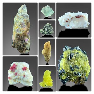 Mix Minerals Vesuvianite Epidote, Ruby, Garnet, Brucite, Schorl with Fluorite, Epidote Cluster, Calcite, and Childrenite with Rose Quartz.