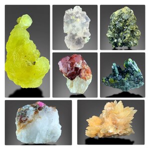 Fluorite, Garnet, Ruby, Brucite, Epidote, Calcite, Vesuvianite Epidote and Magnetite, Mixed Mineral Specimen Lot, 9 Pieces