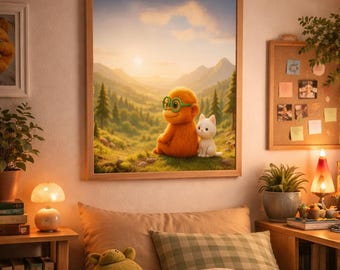 Póster de bosque acogedor de BFS: criatura naranja y gato / Arte mural con amanecer en la montaña escénica