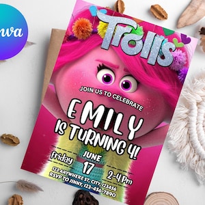 Trolls invitation, Trolls Birthday Invite Printable, Trolls Craziest Party Birthday Invitation, Digital Trolls Party Editable Template Canva