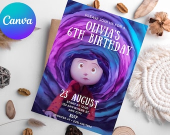Bewerkbare Coraline uitnodiging canvas, afdrukbare Coraline verjaardagsuitnodigingskaart, Coraline verjaardagsfeestje, digitale Coraline verjaardagsuitnodiging