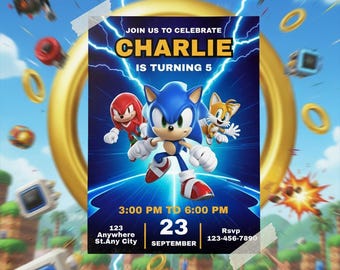 Bearbeitbare Sonic Geburtstagseinladungsvorlage, Sonic Party einladen, Tails & Knuckles Karte, druckbare Canva Vorlage, sofortiger Download