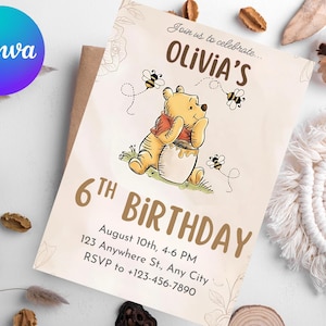 Winne the Pooh Geburtstagseinladung, klassische Winnie the Pooh Einladung, Winnie the Pooh erster Geburtstag einladen, Vintage Winnie the Pooh Geburtstag