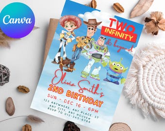 Toy Story-verjaardagsuitnodiging, bewerkbare Toy Story-uitnodiging, gepersonaliseerde Woody Buzz Jessie verjaardagsdownload, Two Infinity and Beyond