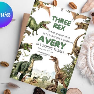 May include: A dinosaur-themed birthday invitation with the text "THREE REX" and "Avery is turning three!" The invitation features illustrations of various dinosaurs in shades of green and brown, surrounded by tropical foliage.