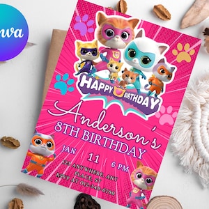Printable Editable Super Kitty Invite, SuperKitty Birthday, SuperKitties Party invite template, Kitten Invitation Cute Invite