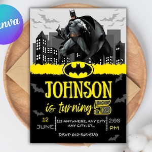 May include: A Batman-themed birthday invitation with a black and yellow color scheme. The invitation features a graphic of Batman, city silhouettes, and the text "JOHNSON is turning 5". Includes date, time, and RSVP information.