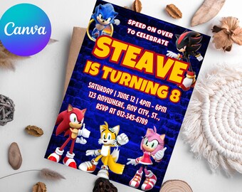 May include: A colorful birthday invitation featuring Sonic the Hedgehog characters. The invitation has a blue brick background with the text "STEAVE IS TURNING 8". Includes event details: Saturday, June 12, 4 PM - 6 PM, and RSVP information.