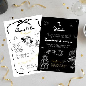 Puede incluir: Dos invitaciones para una fiesta de Nochevieja. Una es blanca con texto e ilustraciones en negro y dorado, incluyendo copas de champán y una bola de discoteca. La otra es negra con texto e ilustraciones en blanco, incluyendo champán vertiéndose en copas.