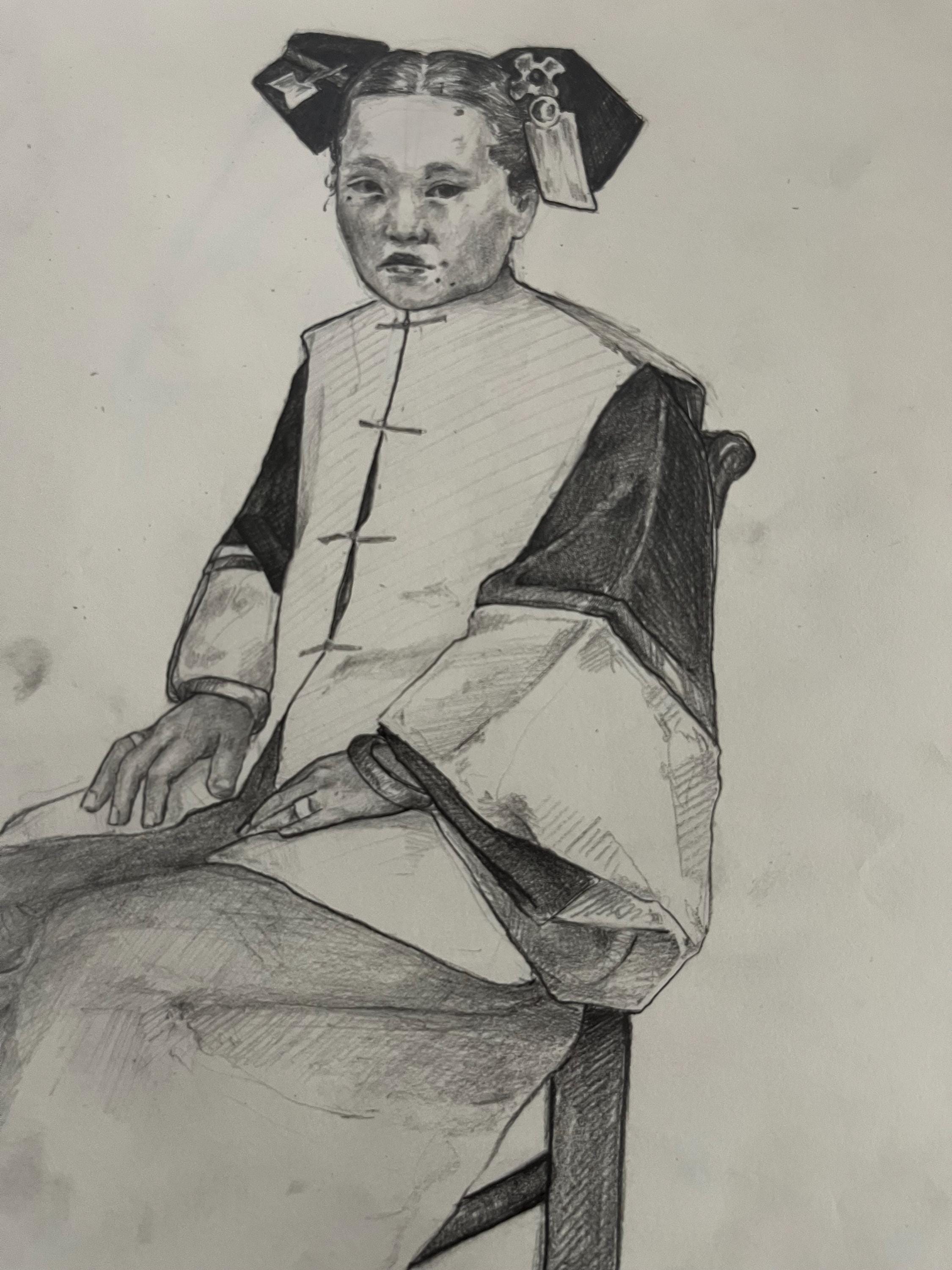現代的な女性肖像画 手書きイラスト 手描きの日本人女性の肖像画：かわいいアジアのウォールアート（A4