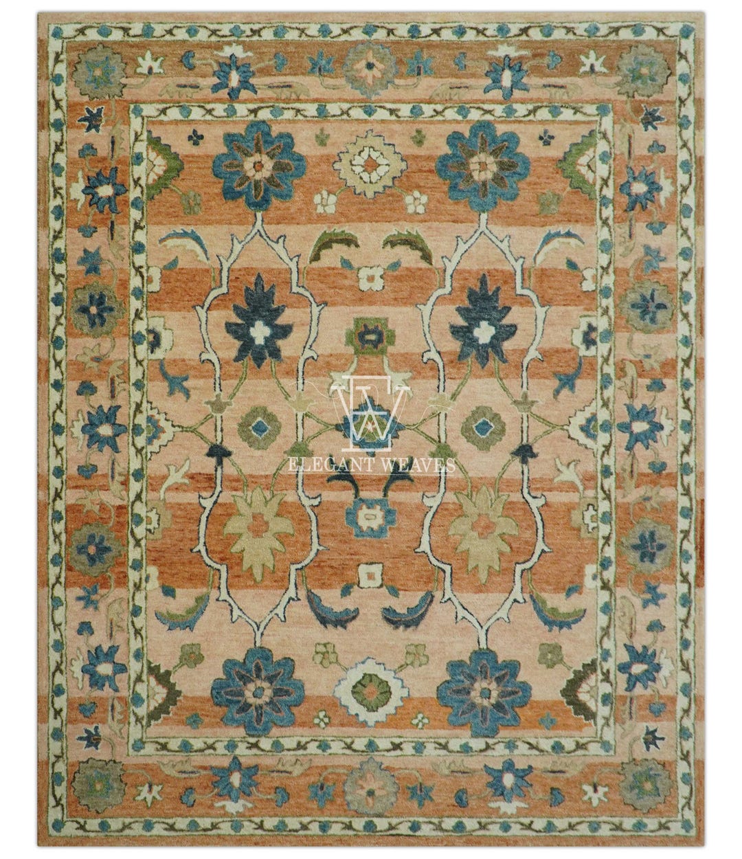Hand Tufted Wool Rug – Peach & Blue Traditional Floral Oushak Design - Etsy