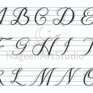 May include: A calligraphy practice sheet featuring uppercase letters A through O in a flowing script. Each letter is dark gray and accompanied by numbered directional guides. The sheet includes horizontal lines for letter alignment and the text "NageenArtStudio".