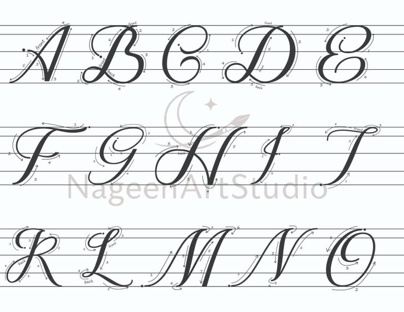 May include: A calligraphy practice sheet featuring uppercase letters A through O in a flowing script. Each letter is dark gray and accompanied by numbered directional guides. The sheet includes horizontal lines for letter alignment and the text "NageenArtStudio".