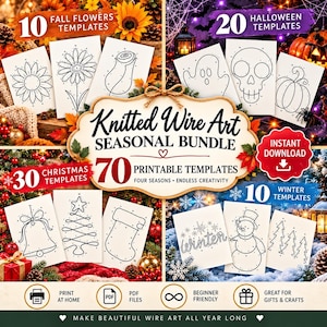 Op de afbeelding: Een digitaal pakket van 70 printbare sjablonen voor gebreide draadkunst, met seizoensgebonden ontwerpen voor de herfst, Halloween, Kerstmis en de winter. De collectie bevat contouren van bloemen, geesten, schedels, pompoenen, klokken, bomen en sneeuwpoppen.