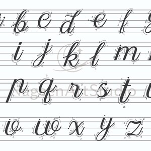 May include: A white sheet of paper with horizontal lines displays the lowercase alphabet in cursive handwriting. Each letter is written in black ink with numbered arrows indicating stroke order. The text "NugenArtStudio" is visible.