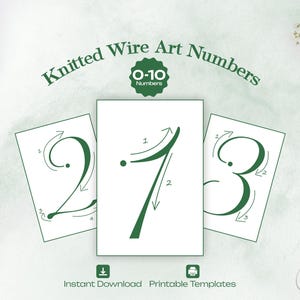 May include: White cards with green numbers 1, 2, and 3, with arrows indicating the direction of the wire art. The text "Knitted Wire Art Numbers" is at the top. The image includes wire, pliers, and flowers.