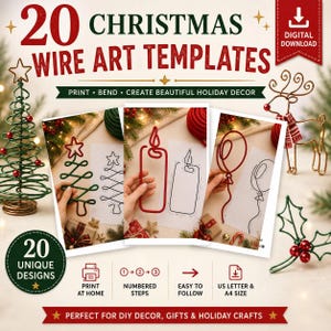 Puede incluir: Un conjunto de descarga digital de 20 plantillas de arte en alambre navideño que incluye guías imprimibles para doblar alambre en formas festivas como árboles, velas y globos, con texto y pasos numerados para imprimir en casa.