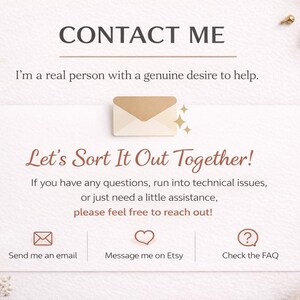 May include: A light-colored graphic with the text "CONTACT ME" and "Let's Sort It Out Together!" is displayed. The image includes icons for email, Etsy messaging, and FAQ. Decorative elements include a gold paperclip and floral accents.