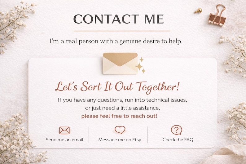 May include: A light-colored graphic with the text "CONTACT ME" and "Let's Sort It Out Together!" is displayed. The image includes icons for email, Etsy messaging, and FAQ. Decorative elements include a gold paperclip and floral accents.