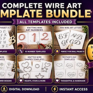 May include: A digital download bundle of wire art templates, including alphabets, numbers, flower designs, shapes, and Mother's Day templates. The image features examples of each template type, with a purple and gold colour scheme.