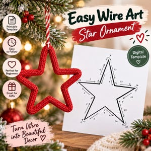 Peut inclure: Une étoile ornementale en tricot rouge est suspendue par une ficelle rayée rouge et blanche à côté d'un modèle en papier blanc avec un contour d'étoile noir, des flèches directionnelles numérotées et le texte Easy Wire Art Star Ornament.