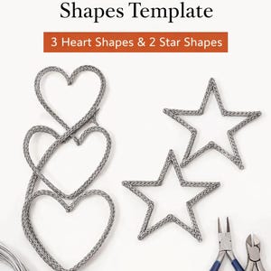 May include: Knitted wire art shapes template with three heart shapes and two star shapes. The shapes are made of silver wire. The image also includes wire and two pliers with blue and red handles.