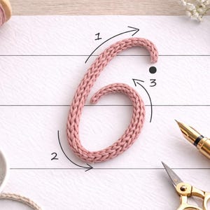 May include: A knitted number six in a soft pink yarn, with arrows and a dot indicating the knitting process. A spool of matching yarn, a bowl of silver rings, a gold pen, and scissors are also present.
