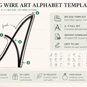 以下が含まれることがあります： 黒いワイヤーアートアルファベットテンプレート、文字「A」付き。テンプレートの高さは約19cmです。DIYワイヤーアートプロジェクト用の完全なA-Zセットが含まれています。画像には「Big Wire Art Alphabet Template」と書かれています。