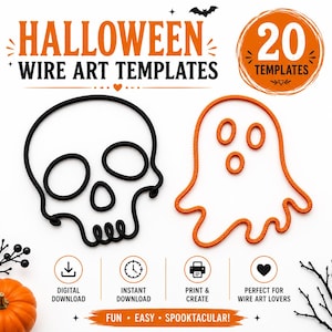 May include: A set of 20 Halloween wire art templates featuring a black skull outline and an orange ghost outline. The text reads HALLOWEEN WIRE ART TEMPLATES, 20 TEMPLATES, DIGITAL DOWNLOAD, INSTANT DOWNLOAD, PRINT & CREATE, and FUN EASY SPOOKTACULAR.