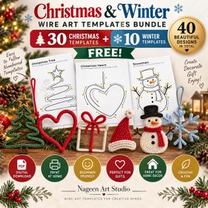 Könnte beinhalten: Ein digitales Set mit 40 Drahtkunst-Vorlagen für Weihnachten und Winter, bestehend aus 30 Weihnachts- und 10 Wintermotiven. Enthält druckbare Anleitungen für einen Draht-Weihnachtsbaum, ein Herz, ein Geschenk, eine Weihnachtsmütze, einen Schneemann und eine Schneeflocke.